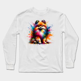 Vibrant Abstract Splashed Paint Pomeranian Dog Artwork Long Sleeve T-Shirt